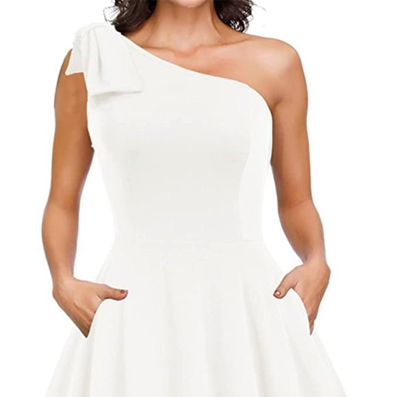 JASAMBAC Women's Bow One Shoulder Dress with Pockets - Picture 2 of 6